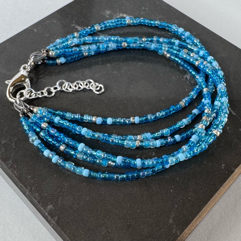 HAND CRAFTED BRACELET Ocean Blue Multi-Strand Czech Glass Beaded Delicate NWT - Picture 9 of 16